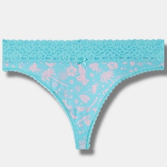 Torrid Cotton Mid-Rise Thong Lace Trim Panty "Tropical Soiree Blue"​​​ NWT sz 3 - Picture 6 of 8